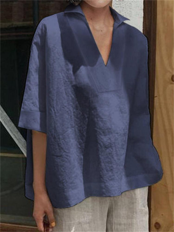Blue Zone Planet | V-neck cotton and linen solid color loose sleeve shirt BLUE ZONE PLANET