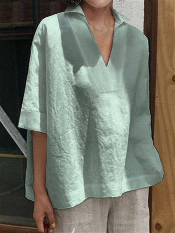 Blue Zone Planet | V-neck cotton and linen solid color loose sleeve shirt BLUE ZONE PLANET
