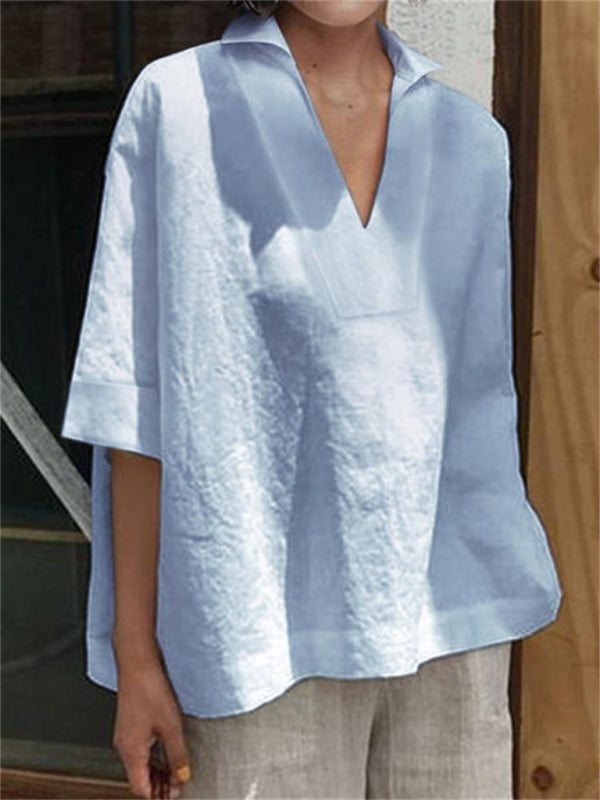 Blue Zone Planet | V-neck cotton and linen solid color loose sleeve shirt BLUE ZONE PLANET