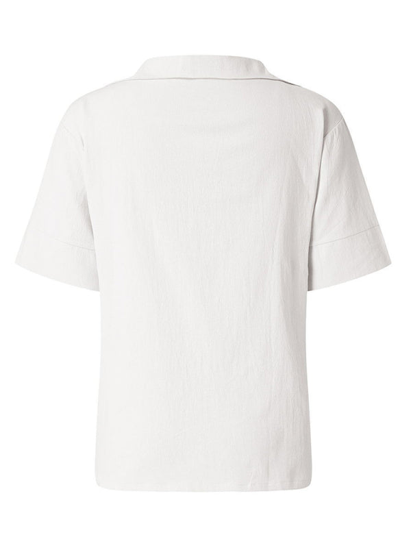 Blue Zone Planet | V-neck cotton and linen solid color loose sleeve shirt BLUE ZONE PLANET