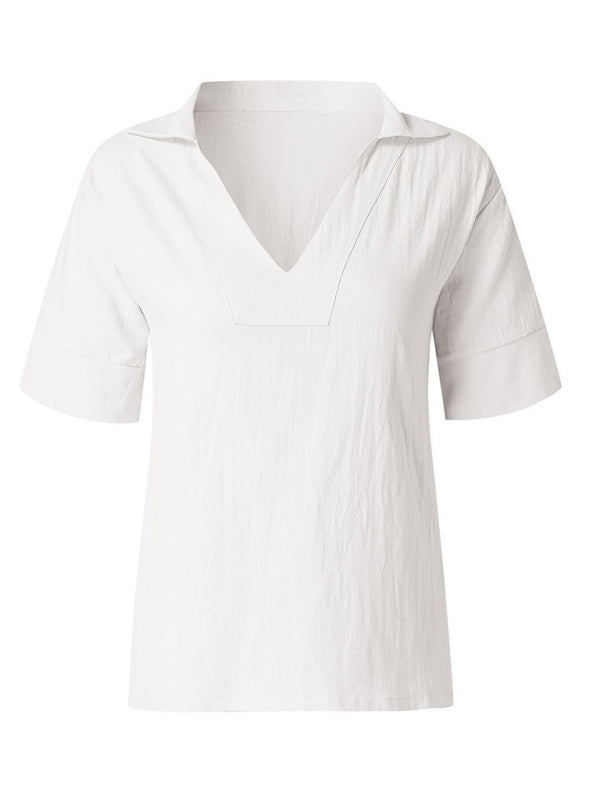 Blue Zone Planet | V-neck cotton and linen solid color loose sleeve shirt BLUE ZONE PLANET