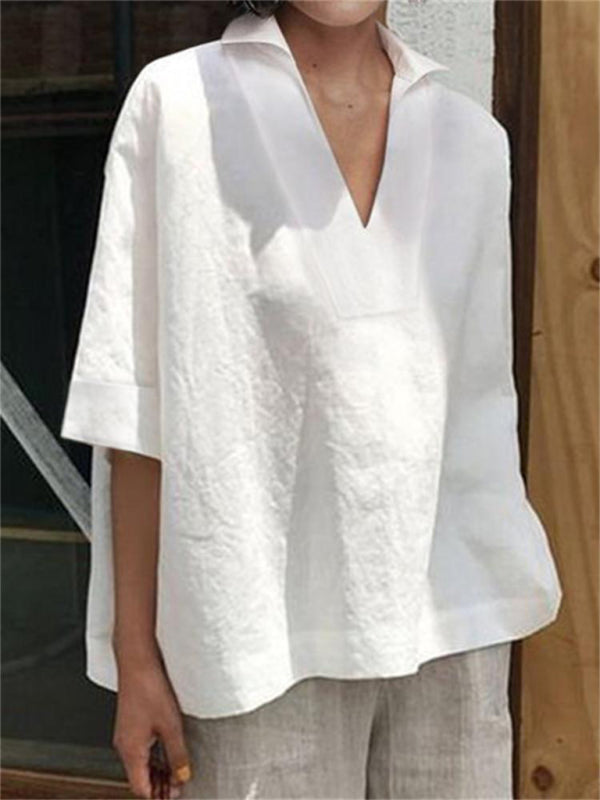 Blue Zone Planet | V-neck cotton and linen solid color loose sleeve shirt BLUE ZONE PLANET