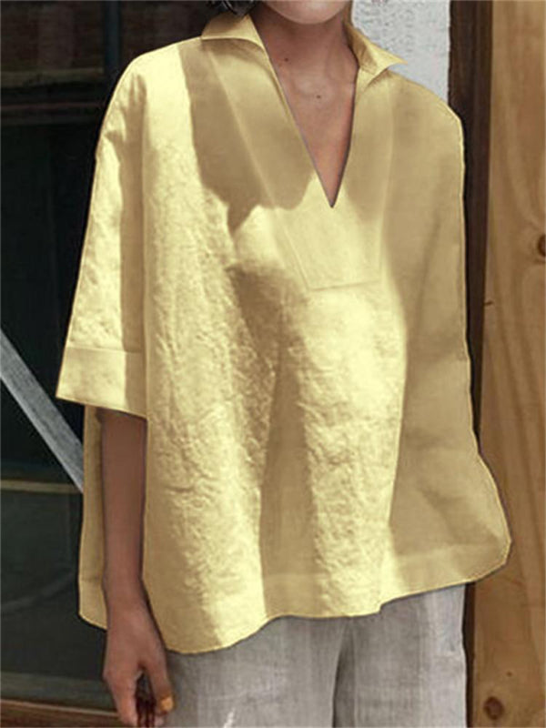 Blue Zone Planet | V-neck cotton and linen solid color loose sleeve shirt BLUE ZONE PLANET