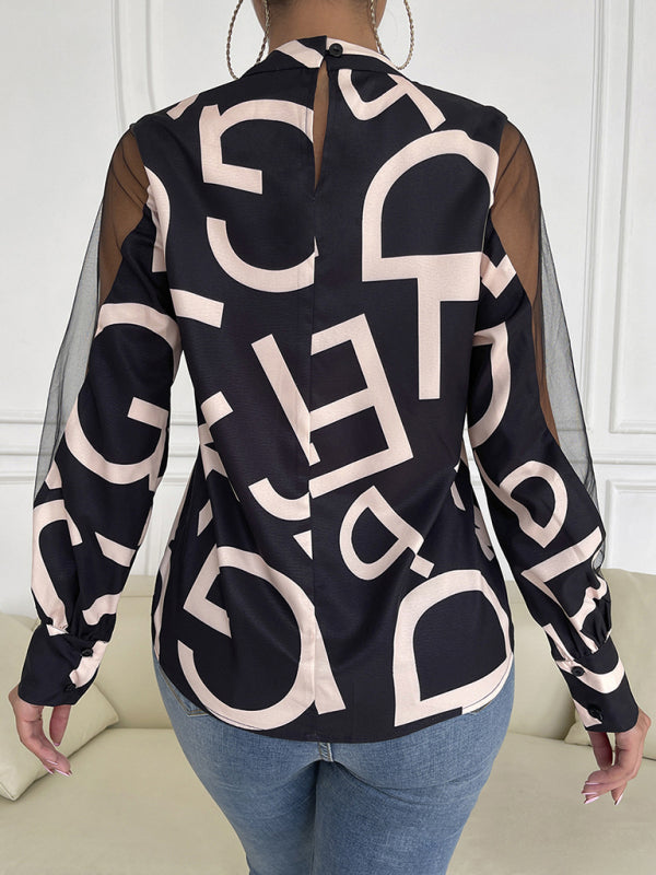 Blue Zone Planet | geometric print stitching mesh round neck long-sleeved top BLUE ZONE PLANET