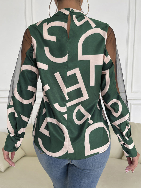 Blue Zone Planet | geometric print stitching mesh round neck long-sleeved top BLUE ZONE PLANET