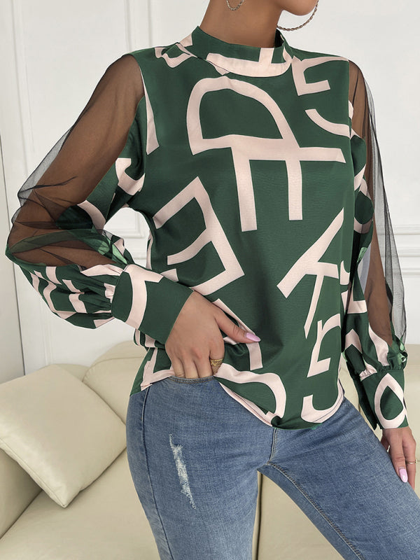 Blue Zone Planet | geometric print stitching mesh round neck long-sleeved top BLUE ZONE PLANET