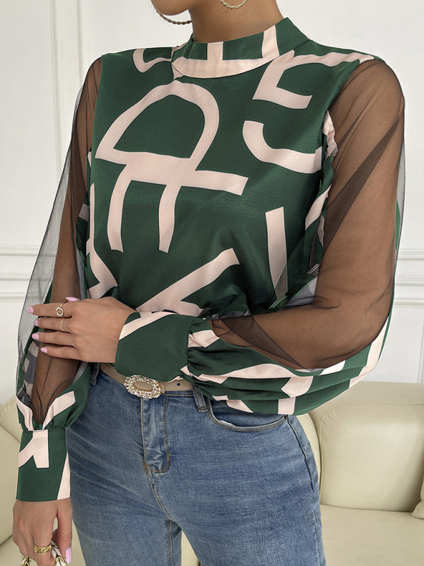 Blue Zone Planet | geometric print stitching mesh round neck long-sleeved top BLUE ZONE PLANET