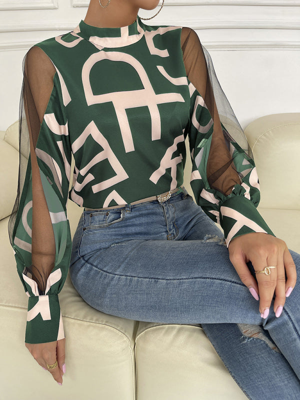 Blue Zone Planet | geometric print stitching mesh round neck long-sleeved top BLUE ZONE PLANET
