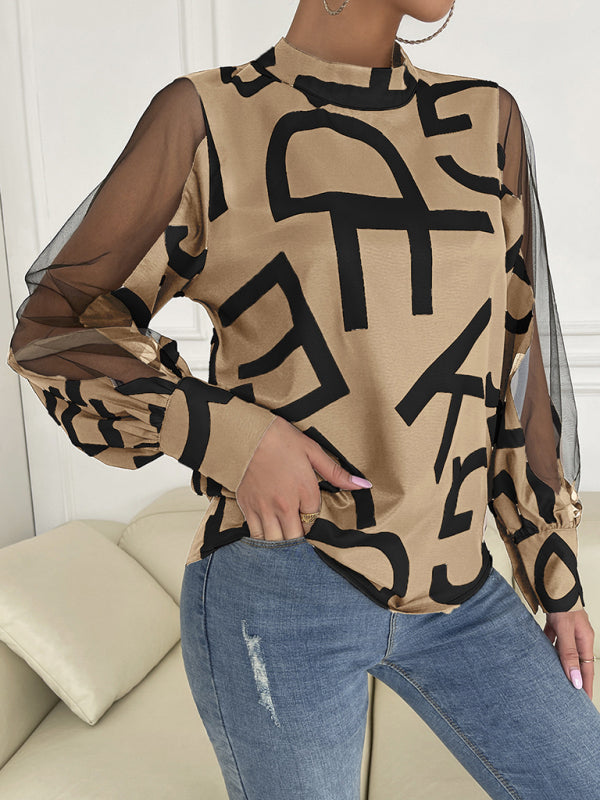 Blue Zone Planet | geometric print stitching mesh round neck long-sleeved top BLUE ZONE PLANET