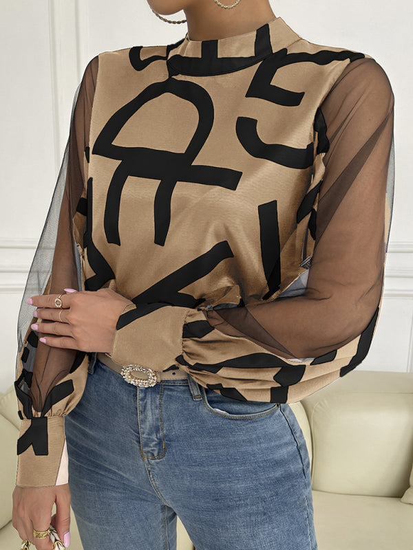 Blue Zone Planet | geometric print stitching mesh round neck long-sleeved top BLUE ZONE PLANET