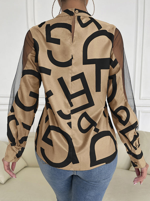 Blue Zone Planet | geometric print stitching mesh round neck long-sleeved top BLUE ZONE PLANET