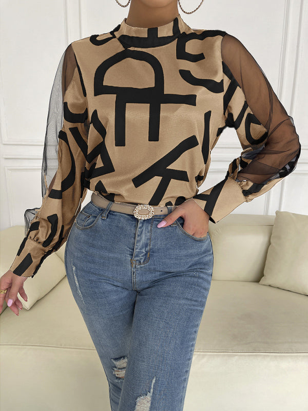 Blue Zone Planet | geometric print stitching mesh round neck long-sleeved top BLUE ZONE PLANET