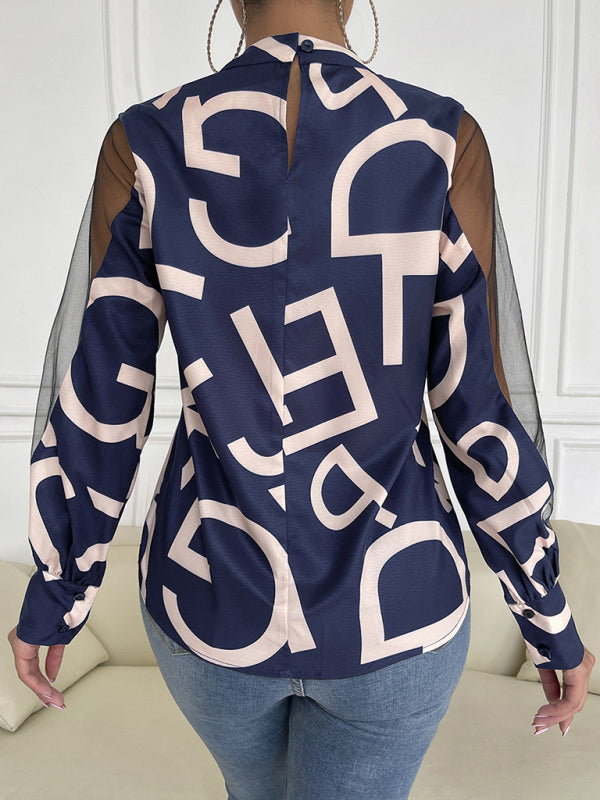Blue Zone Planet | geometric print stitching mesh round neck long-sleeved top BLUE ZONE PLANET
