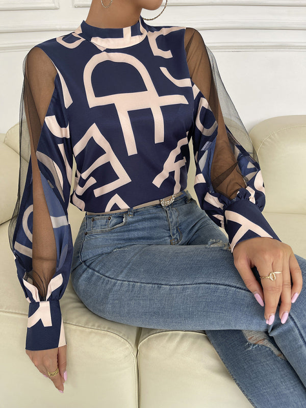 Blue Zone Planet | geometric print stitching mesh round neck long-sleeved top BLUE ZONE PLANET