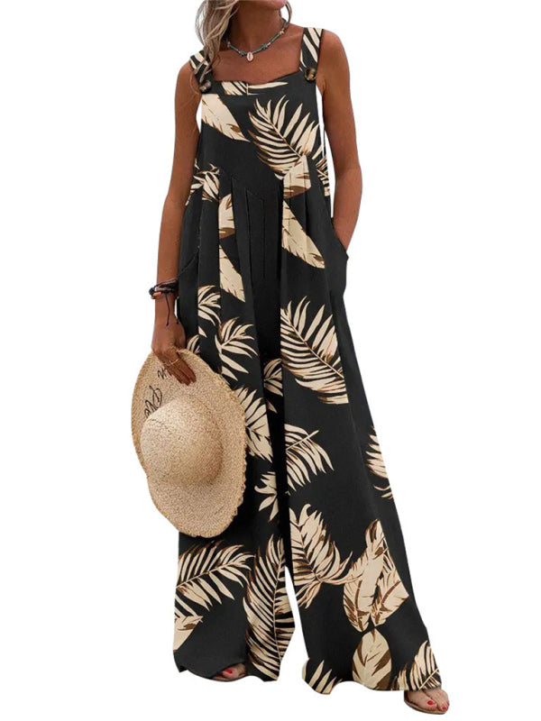 Blue Zone Planet | Printed sleeveless spaghetti strap jumpsuit wide leg pants clothing BLUE ZONE PLANET