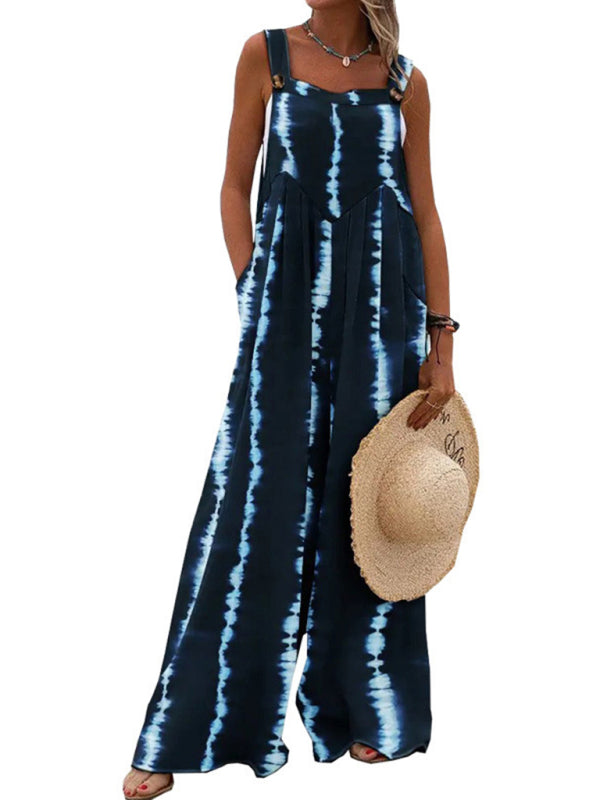 Blue Zone Planet | Printed sleeveless spaghetti strap jumpsuit wide leg pants clothing BLUE ZONE PLANET