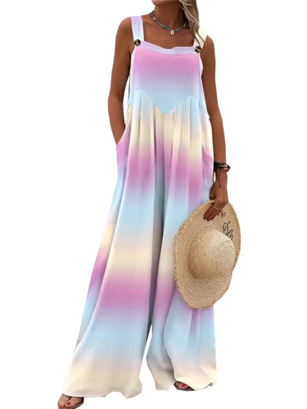 Blue Zone Planet | Printed sleeveless spaghetti strap jumpsuit wide leg pants clothing BLUE ZONE PLANET
