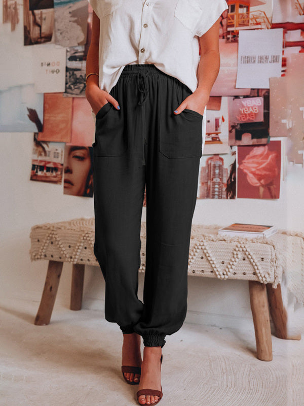 Blue Zone Planet | Bloomers Solid Color Cotton Linen Pants Ladies Pocket Drawstring Pants BLUE ZONE PLANET