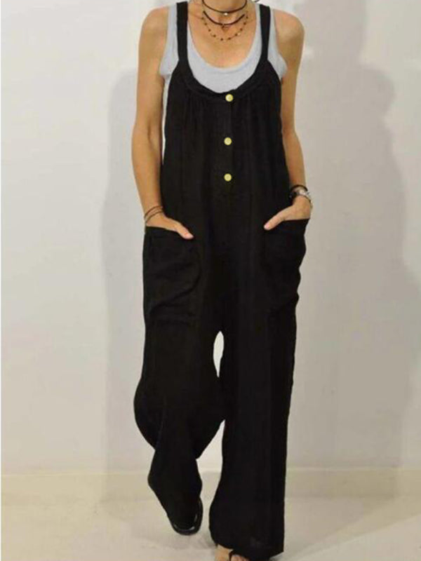 Blue Zone Planet | Cotton Linen Overalls Pocket Solid Elastic Band Button Jumpsuit BLUE ZONE PLANET