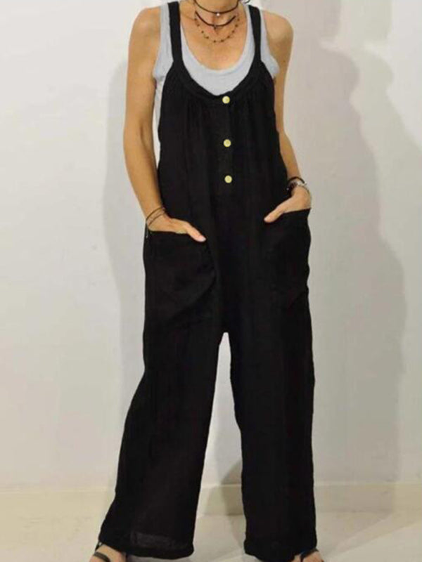 Blue Zone Planet | Cotton Linen Overalls Pocket Solid Elastic Band Button Jumpsuit BLUE ZONE PLANET