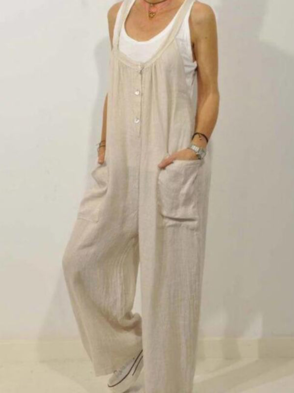 Blue Zone Planet | Cotton Linen Overalls Pocket Solid Elastic Band Button Jumpsuit BLUE ZONE PLANET