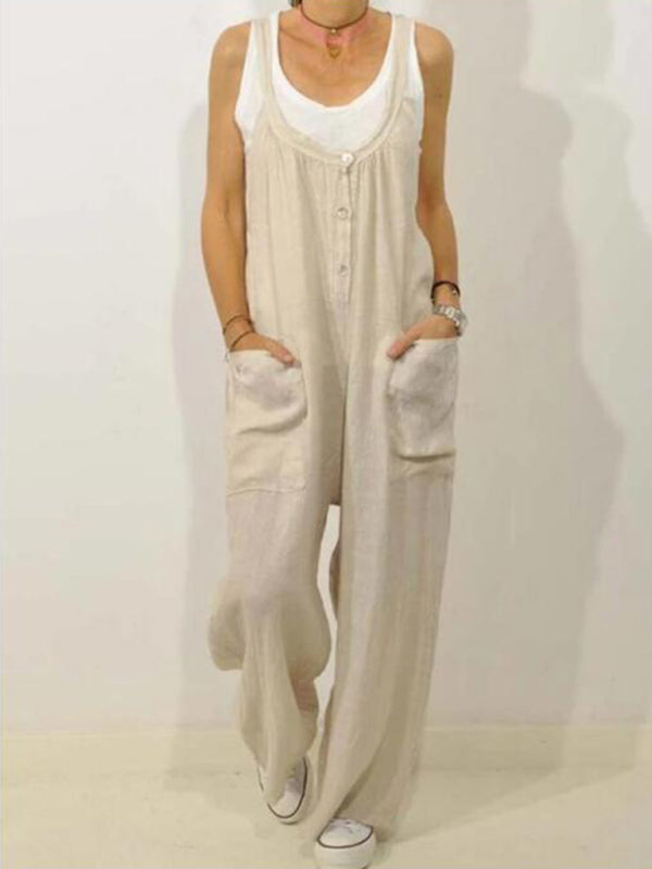 Blue Zone Planet | Cotton Linen Overalls Pocket Solid Elastic Band Button Jumpsuit BLUE ZONE PLANET
