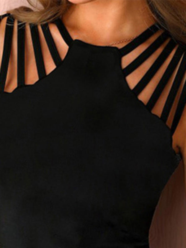 Blue Zone Planet | Solid color shoulder hollow knitted halter neck vest top BLUE ZONE PLANET