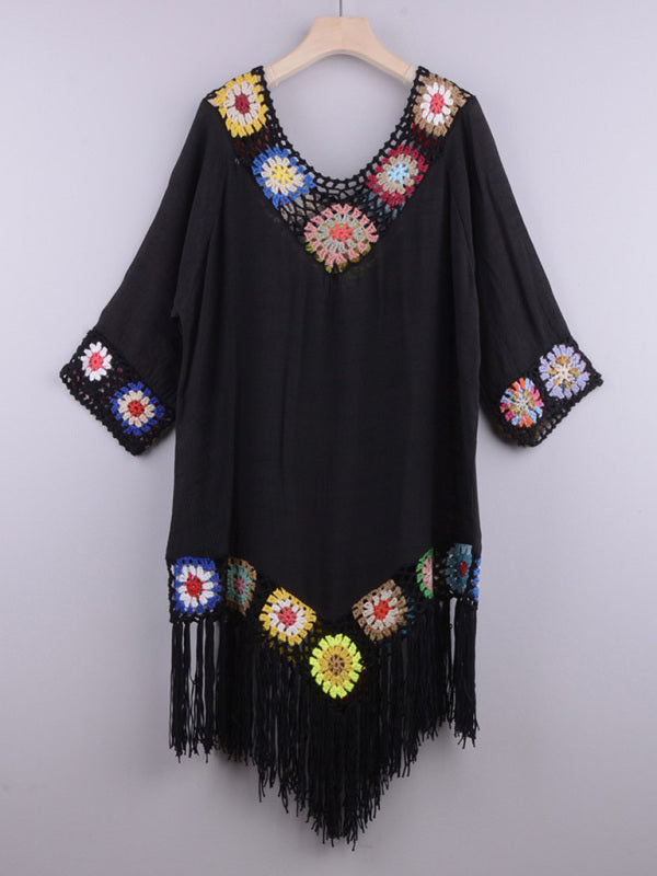 Three-quarter sleeve chain link flower splicing irregular tassel anti-sun blouse ethnic style dress kakaclo