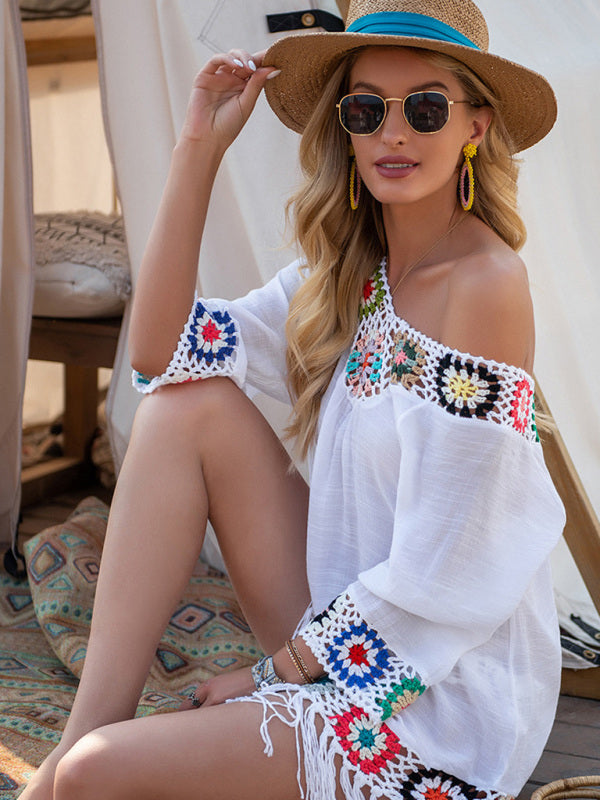 Three-quarter sleeve chain link flower splicing irregular tassel anti-sun blouse ethnic style dress kakaclo