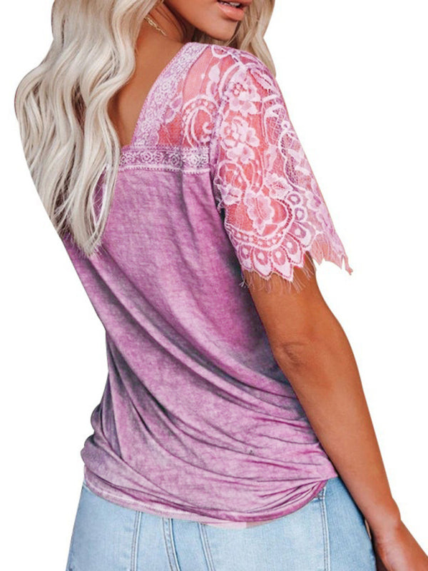 Blue Zone Planet | Short Sleeve V Neck Feather Lace Sleeve Blouse BLUE ZONE PLANET