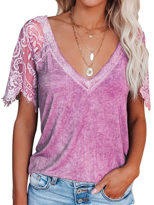 Blue Zone Planet | Short Sleeve V Neck Feather Lace Sleeve Blouse BLUE ZONE PLANET