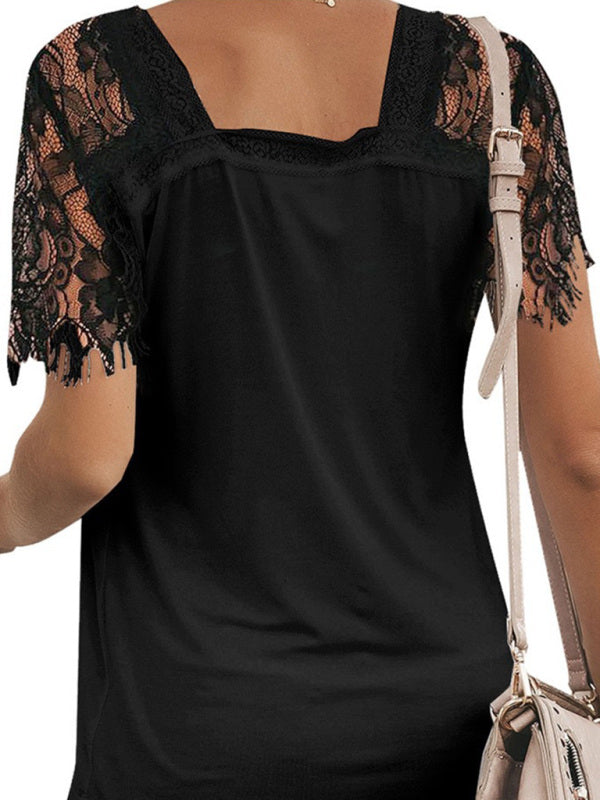 Blue Zone Planet | Short Sleeve V Neck Feather Lace Sleeve Blouse BLUE ZONE PLANET