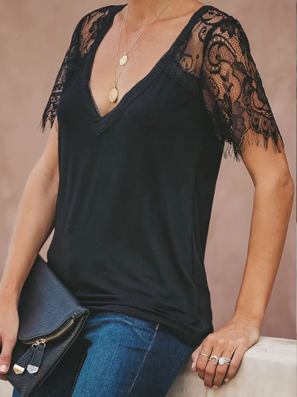 Blue Zone Planet | Short Sleeve V Neck Feather Lace Sleeve Blouse BLUE ZONE PLANET
