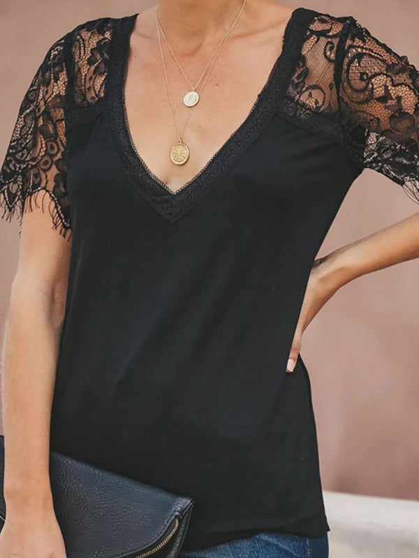 Blue Zone Planet | Short Sleeve V Neck Feather Lace Sleeve Blouse BLUE ZONE PLANET