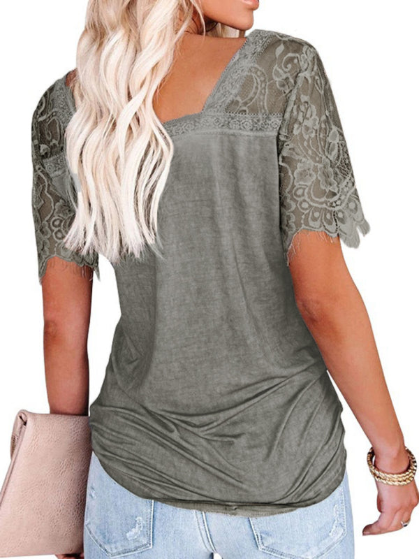 Blue Zone Planet | Short Sleeve V Neck Feather Lace Sleeve Blouse BLUE ZONE PLANET