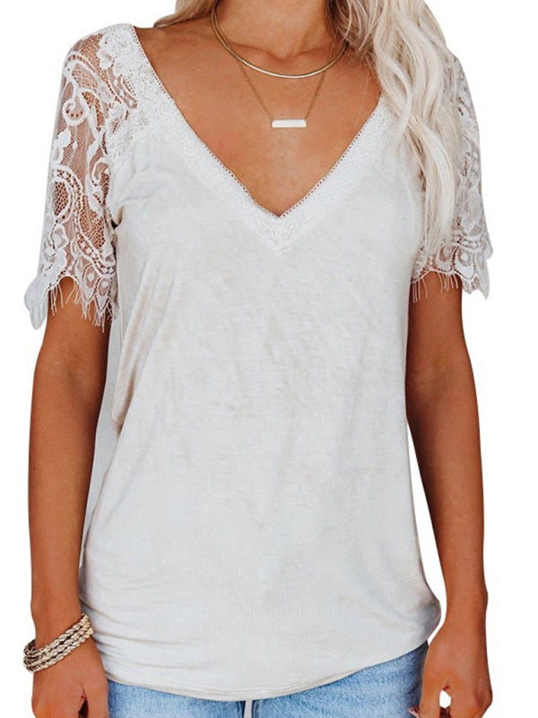 Blue Zone Planet | Short Sleeve V Neck Feather Lace Sleeve Blouse BLUE ZONE PLANET