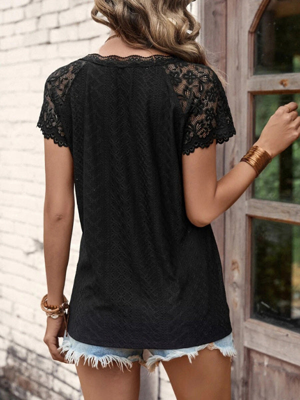 Blue Zone Planet | Women's summer new V-neck short-sleeved stitching lace sleeve women's top BLUE ZONE PLANET