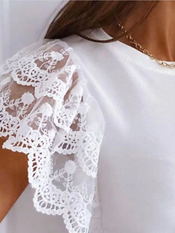 Blue Zone Planet | Casual Color Round Neck Top Lace Petal Sleeve T-Shirt BLUE ZONE PLANET