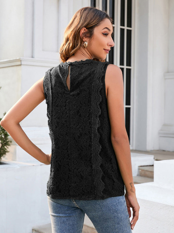 Blue Zone Planet | Lace Vest Solid Color Hollow Lace Knitted Lace Top BLUE ZONE PLANET
