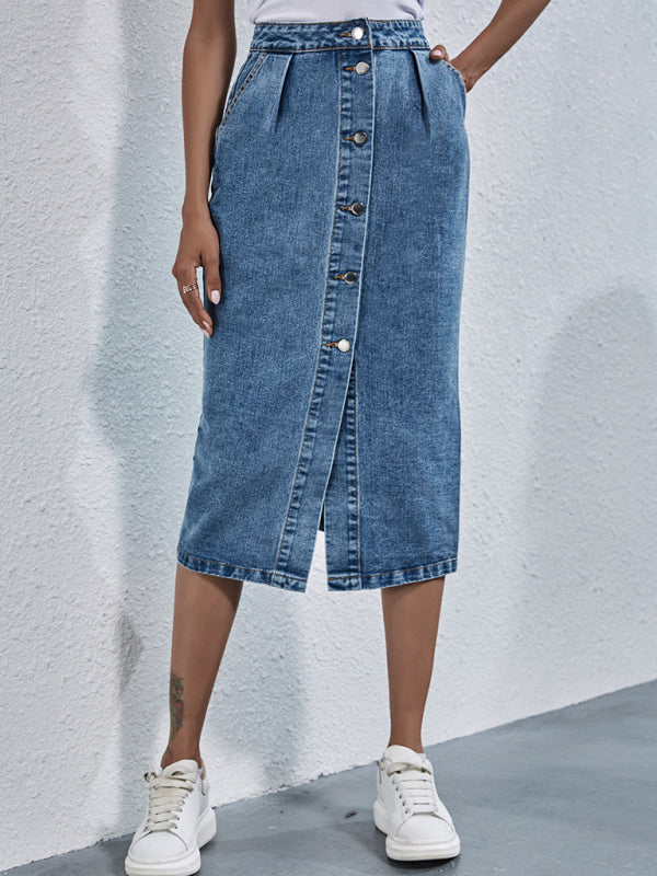 Blue Zone Planet | High Waist Single Breasted Denim Skirt BLUE ZONE PLANET