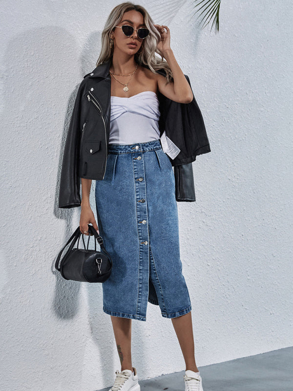Blue Zone Planet | High Waist Single Breasted Denim Skirt BLUE ZONE PLANET