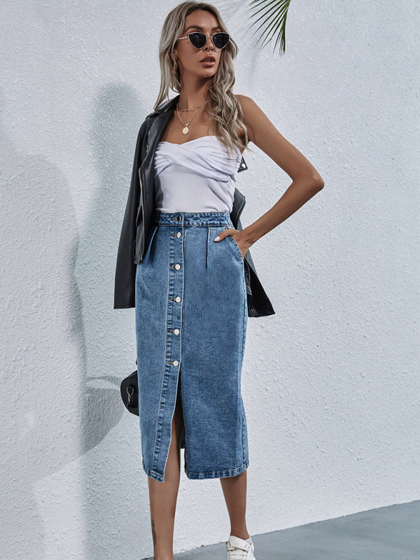 Blue Zone Planet | High Waist Single Breasted Denim Skirt BLUE ZONE PLANET