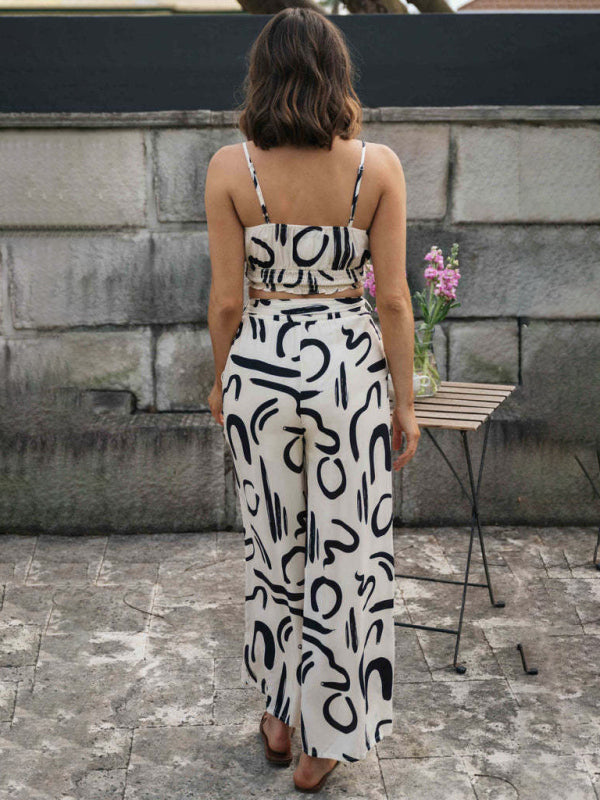 Blue Zone Planet | Women's printed sleeveless suspender top + long wide-leg pants two-piece set BLUE ZONE PLANET