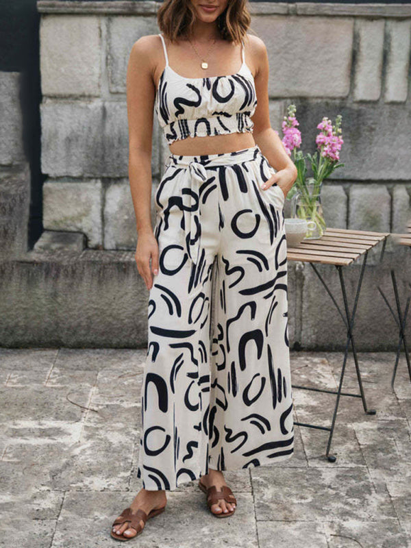 Blue Zone Planet | Women's printed sleeveless suspender top + long wide-leg pants two-piece set BLUE ZONE PLANET