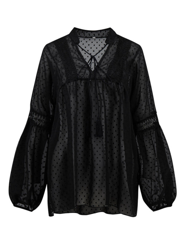 Blue Zone Planet | Women's Chiffon Stitching Lace Loose Balloon Sleeve Top Shirt BLUE ZONE PLANET
