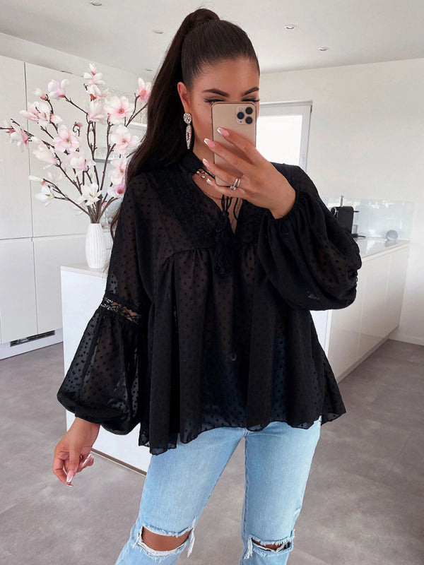 Blue Zone Planet | Women's Chiffon Stitching Lace Loose Balloon Sleeve Top Shirt BLUE ZONE PLANET