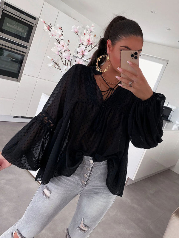Blue Zone Planet | Women's Chiffon Stitching Lace Loose Balloon Sleeve Top Shirt BLUE ZONE PLANET