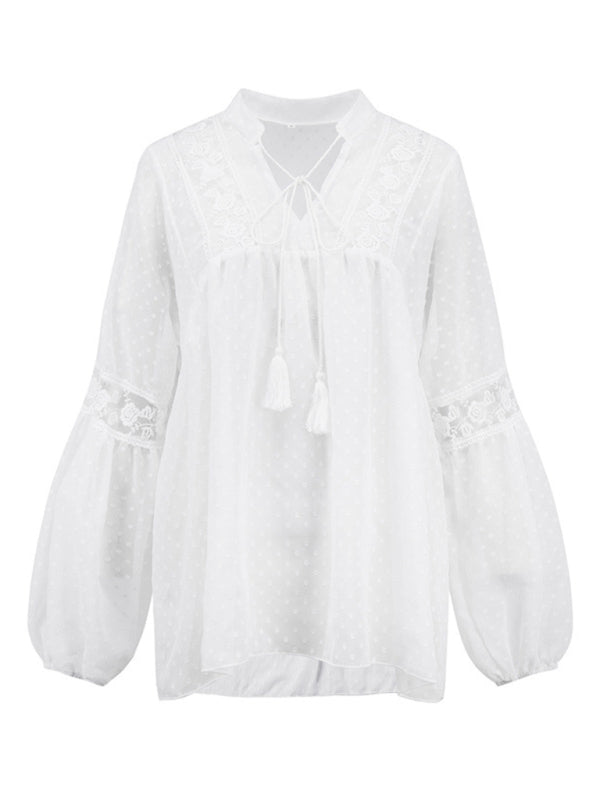 Blue Zone Planet | Women's Chiffon Stitching Lace Loose Balloon Sleeve Top Shirt BLUE ZONE PLANET