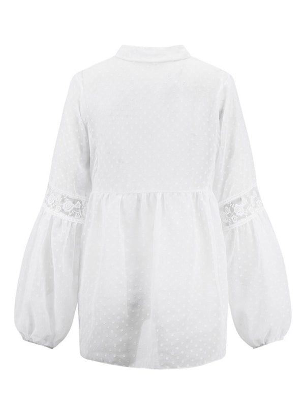 Blue Zone Planet | Women's Chiffon Stitching Lace Loose Balloon Sleeve Top Shirt BLUE ZONE PLANET