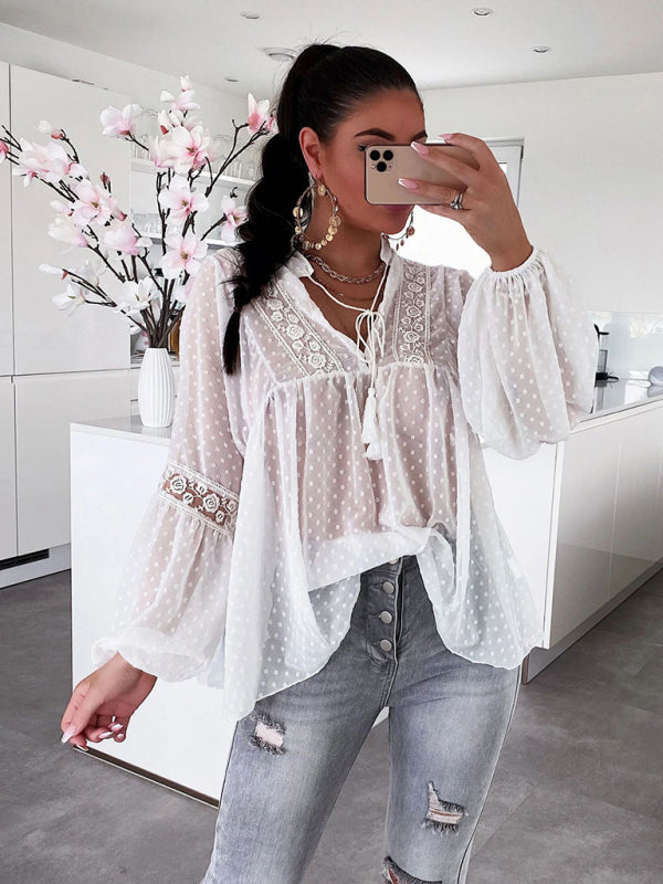 Blue Zone Planet | Women's Chiffon Stitching Lace Loose Balloon Sleeve Top Shirt BLUE ZONE PLANET